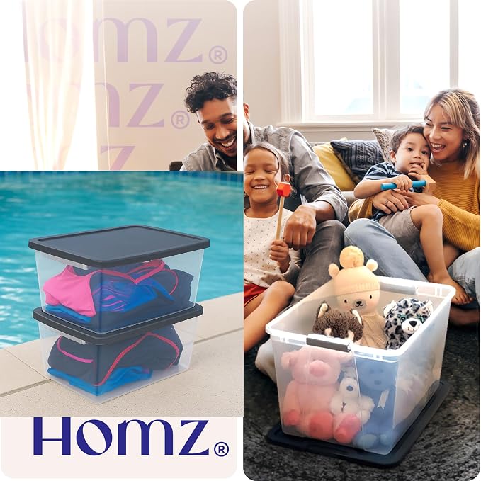 HOMZ Snaplock Clear Plastic Bin 56 Quart/14 Gallon | Storage Tote with Secure Lid | for Home, Office, Garage, Dorm Room Organizer | Stackable & Nestable | Black Lid, Pack of 2