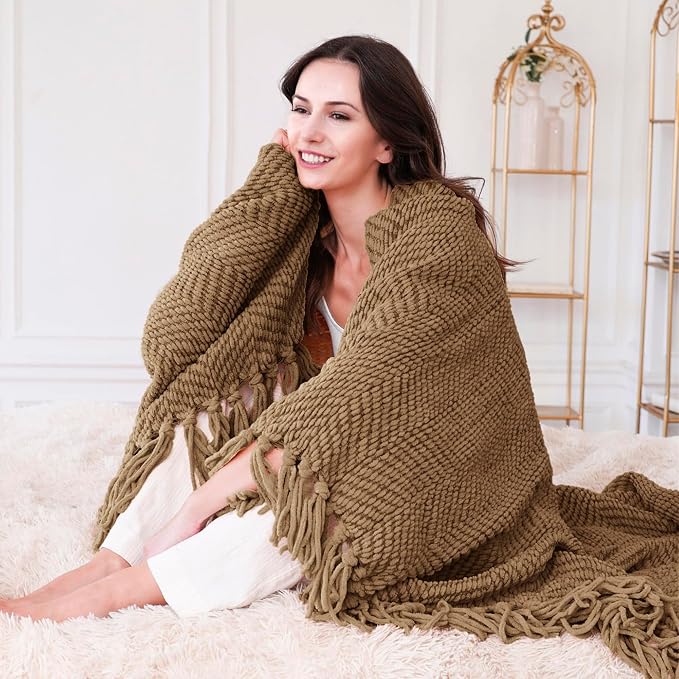 Home Soft Things Brown Throw Blanket Knitted Tweed Throw 60'' x 80'', Amphora, Super Soft Cozy Warm Comfortable Breathable Throw for Living Room Chair Couch Bed Sofa Bedroom Home Décor