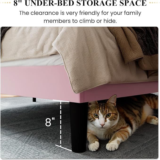 SHA CERLIN Queen Size Velvet Bed Frame, Tufted Wingback Headboard, Pink | 47'' Modern Vertical Channel Headboard, Upholstered Platform Bed, Wood Slats, No Box Spring Needed, Easy Assembly, Noise Free