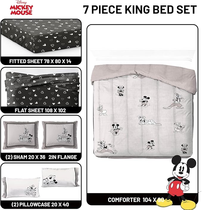 Disney Mickey Mouse and Friends King Comforter Set 7 Piece Bedding, Beige | Minnie Donald Goofy, Bed in a Bag, Comforter Sheets Shams Pillowcases, Official Product, Soft Microfiber, Machine Washable