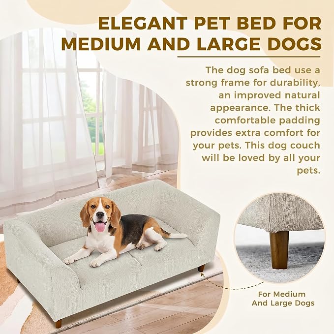 Dog Sofa Bed for Medium Dogs with Backrest and Armrest, Memory Foam Dog Sofa Couch, Modern Elevated Pet Couch Bed with Wooden Legs, Beige