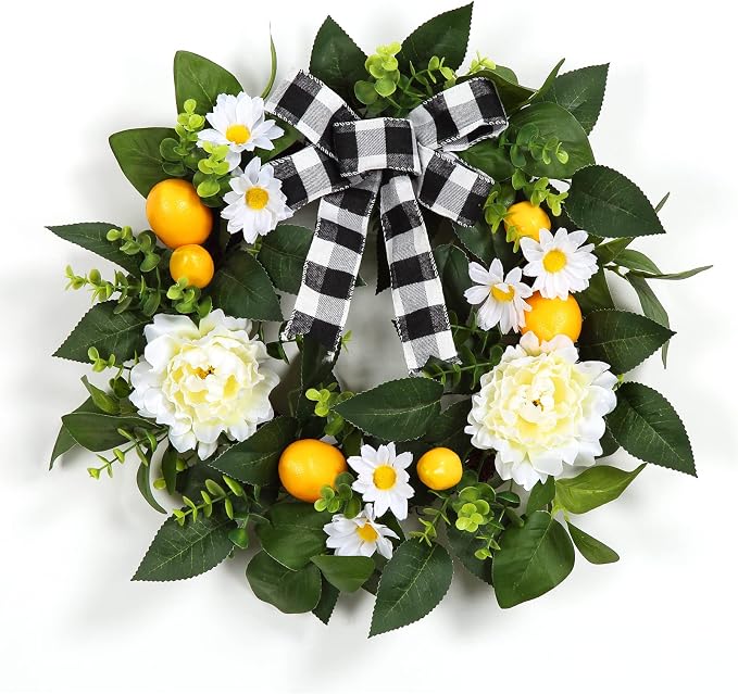 Garvee 20" Lemon Wreath for Front Door, Spring Summer Fruit Wreath | with Artificial Yellow Lemon Peony Flower and Buffalo Check Bow, Lemon Decor for Farmhouse Kitchen Porch Wall Home Decor