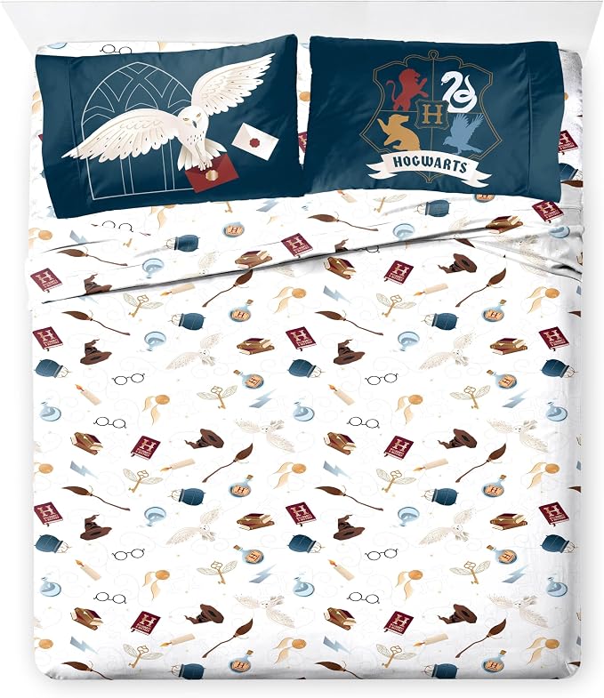 Harry Potter Queen Comforter Set 7 Piece Soft Hogwarts Bedding, Grey | Hedwig, Bed in a Bag, Comforter Sheets Shams Pillowcases, Official Product, Soft Microfiber, Machine Washable, Kids Gift