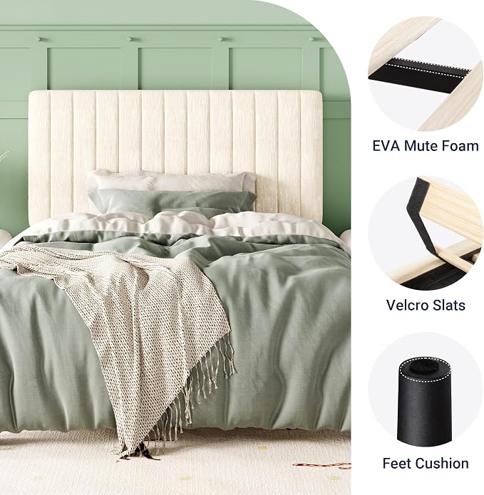Allewie Twin Bed Frame, Upholstered Platform Bed with Adjustable Vertical Channel Tufted Headboard, Mattress Foundation with Strong Wooden Slats, Box Spring Optional, Easy Assembly, Chenille White