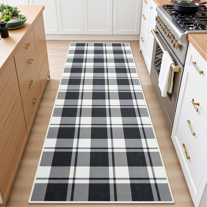 AROGAN Checkered Jute Runner Rug for Hallway, 2x6 Kitchen Runner Washable Rugs Carpet, Long Farmhouse Design Geometric Rugs for Entryway Indoor Laundry Welcome Mat 6 Ft Entry, Black and White