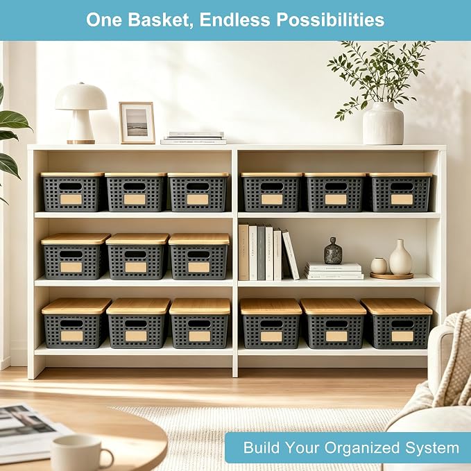 Bagnizer Small Plastic Storage Bins with Bamboo Lids 5.2qt Stackable Box Basket Pantry Decorative Containers Cute with Lable for Organizing Desktop Closet Office Gray of 6 packs 10 * 7.2 * 4.1"