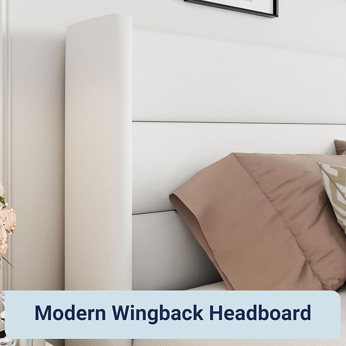 Allewie Queen Size Lift Up Hydraulic Storage Bed Frame White | Modern Wingback Headboard, Hydraulic Support Storage, No Box Spring Needed