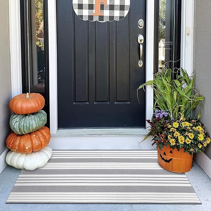 OJIA Front Door Rug 24"x51" Gray and White Striped Outdoor Rug Porch Decor | Machine Washable Porch Rug Front Door Mat Outdoor Indoor Area Rugs Cotton Woven Entry Mat for Home Entrance/Farmhouse Decor