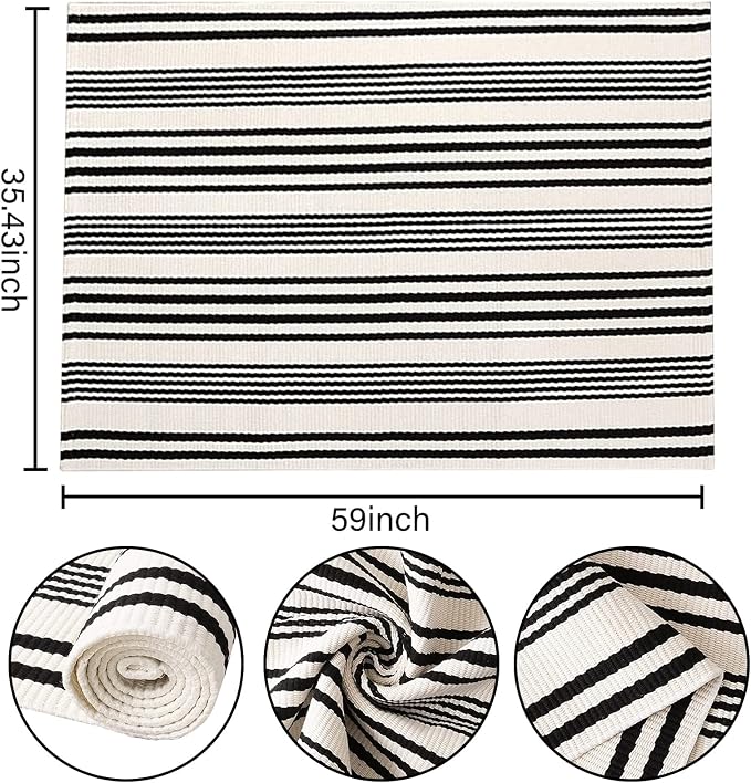 BUAGETUP Black and White Outdoor Rug 3'x 5' Cotton Woven Washable Rug Striped Front Porch Rug Area Rug Floor Mat for Farmhouse/Layered Door Mats/Living Room