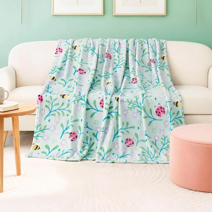 Oversized Plush Throw Blanket 60" x 70", Bees and Lady Bugs