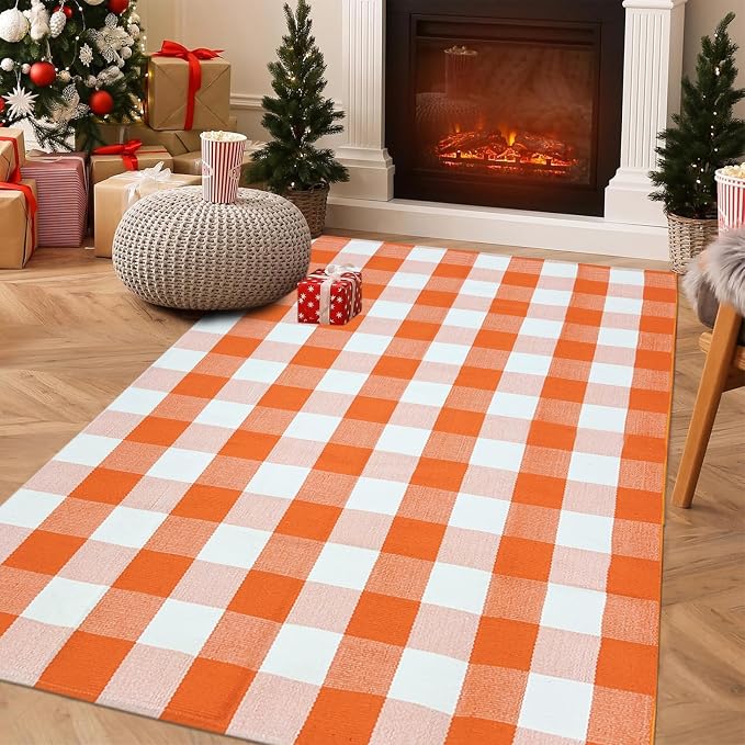 USTIDE Buffalo Plaid Outdoor Rug 4' x 6' Orange and White Check Christmas Check Indoor Area Rug Washable Cotton Woven Rug Layering Rug for Welcome Door Mat Farmhouse Front Porch Entryway