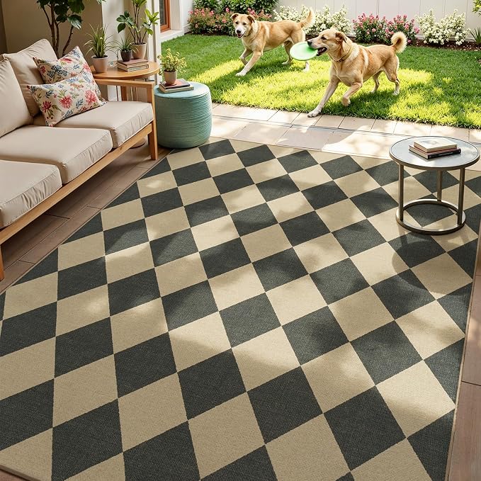 Lessymo Checkered Outdoor Rugs 6x9, Washable Easy Jute Patio Rug | Indoor Living Room Farmhouse Rugs, Geometric Non Slip Black Carpet for Bedroom Backyard Dining Room, Diamond Black/Beige