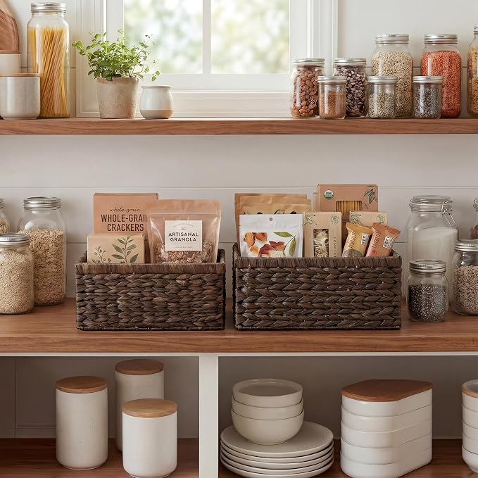 StorageWorks Large Wicker Baskets for Storage,Dark Brown Baskets,2-Pack | Hyacinth Dark Brown Wicker Baskets with Handles,Wicker Storage Baskets for Organizing,Wicker Storage Baskets for Shelves