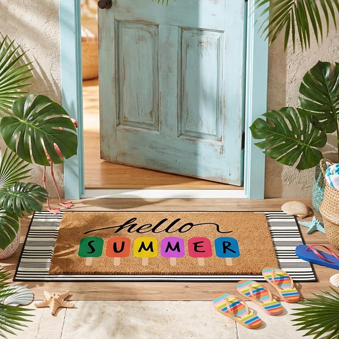 Moucuny 2 Pcs Summer Coir Door Mat 19" x47 Hello Summer Welcome Mats for Front Door Non Slip 56"x22" Black and White Rug Large Floor Layering Doormats for Front Porch Entryway Decor