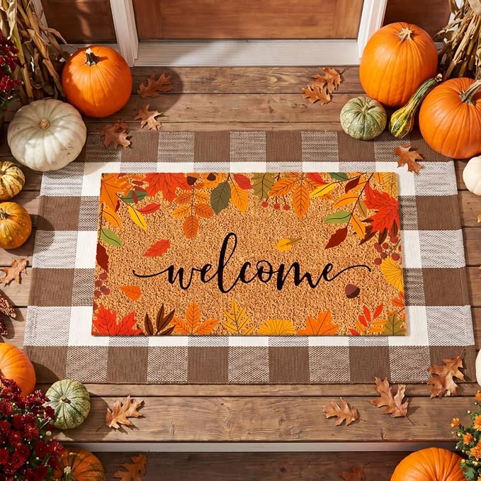 Moucuny 2 Pcs Fall Doormat Outdoor Maple Leaf Coir Welcome Mat 16'' x 28'', Layered Brown White Plaid Rug 24'' x 35'' for Fall Autumn Front Porch Entryway Entrance Decor