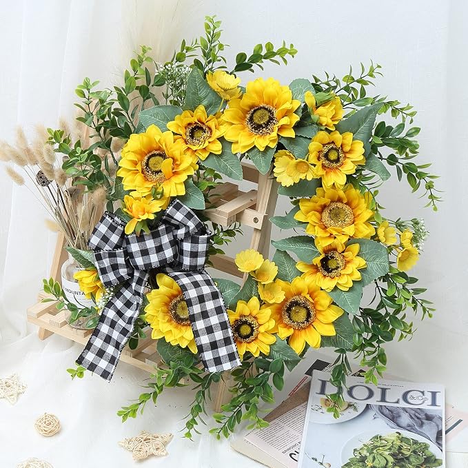 Garvee Summer Wreaths for Front Door, 18" Artificial Sunflower Wreath | Faux Greenery Wreath with Yellow Floral and Buffalo Check Bow, for Farmhouse Porch Window Wall Home Decor