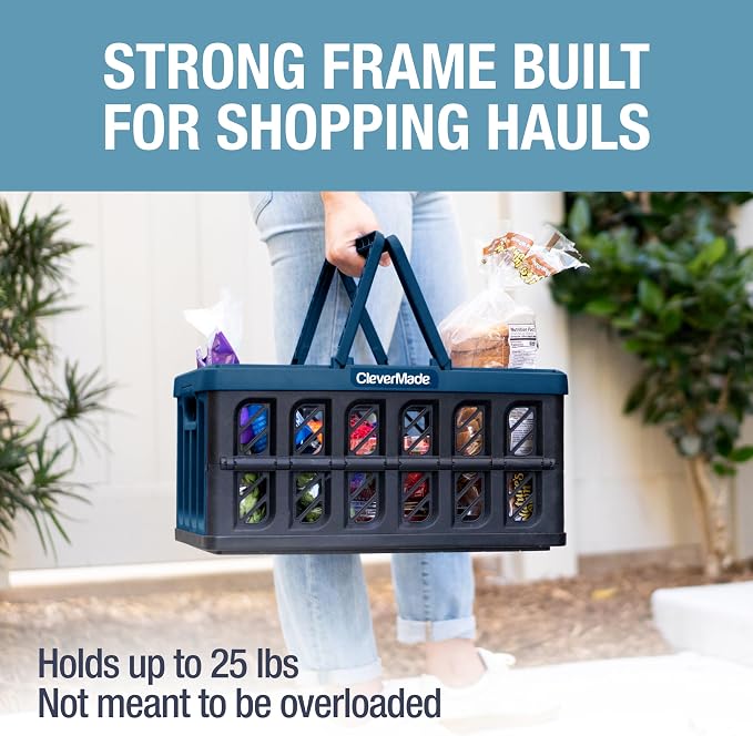 CleverMade Collapsible Shopping Basket, 24L, 3 Pack, Obsidian | Rigid walls protect groceries and supplies. Each basket carries 25 lb, stacks securely, and folds to 2.25 inches.