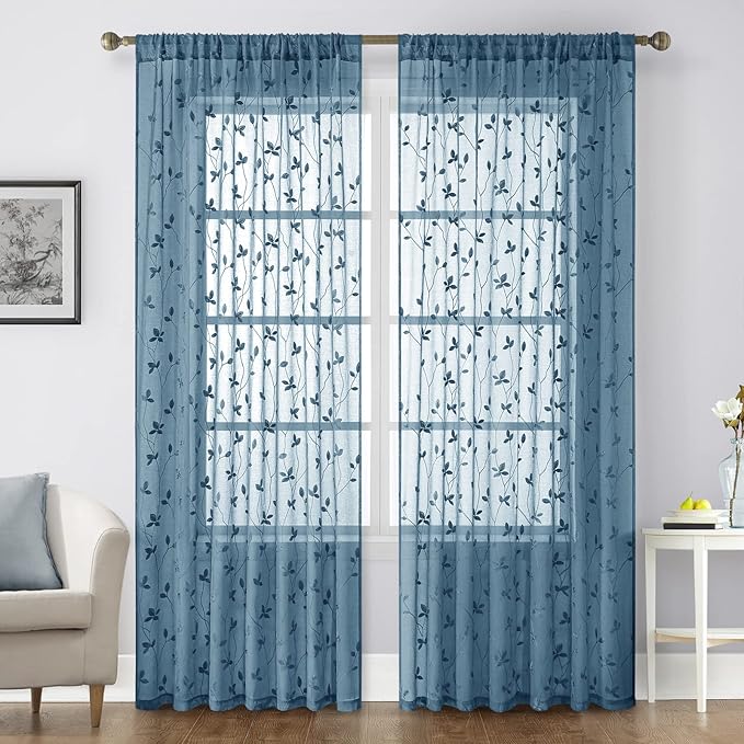 HOMEIDEAS Cyan Blue Sheer Curtains 52 X 84 Inches Length 2 Panels Embroidered by HOMEIDEAS