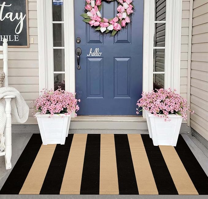 Striped Layering Rug 27.5"x43",Black and Tan Farmhouse Front Porch Mat Cotton Woven Washable Entryway Rug Indoor Outdoor Front Door Mat for Porch/Entryway/Home Entrance Decor