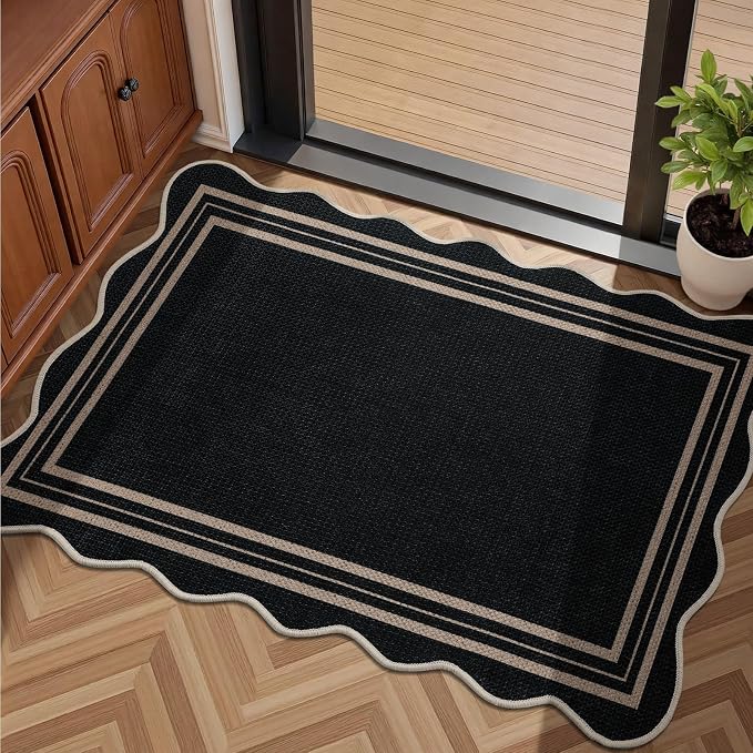 EDIMENS Easy Jute Rug Entryway Rug, 2x3 Front Door Mat Small Entryway Non-Slip Washable Area Rug, Low Pile Black Indoor Outdoor Farmhouse Scalloped Doormat for Entrance Entry Porch Doorway