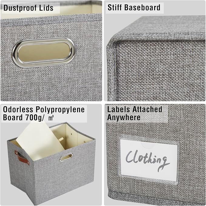 15" Large Collapsible Storage Bins with Lids, Stackable Closet Organizers with PU Handle and Labels, 3-Pack Decorative Fabric Storage Boxes for Home, Bedroom, Closet, Office, Nursery(Gray)