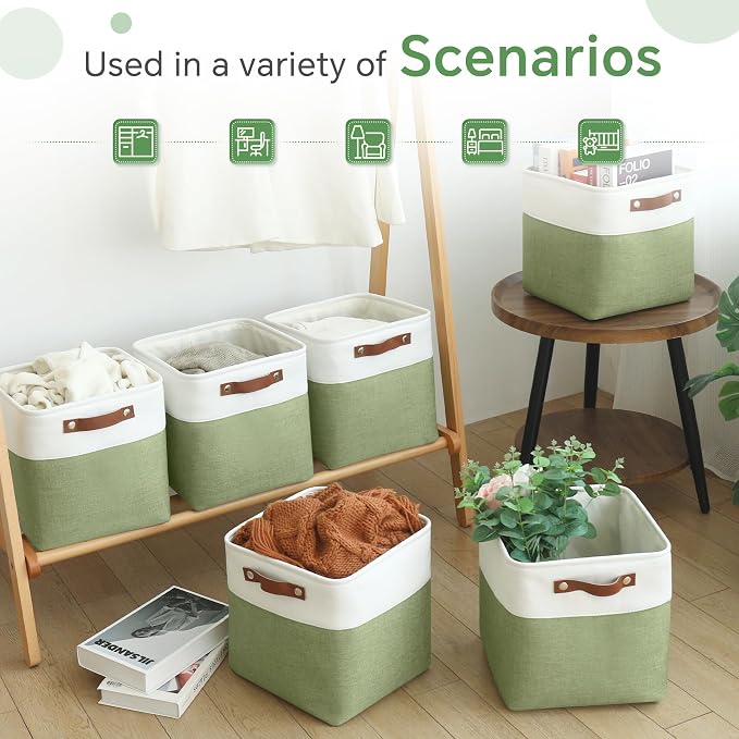 FinishingBo 11x11 Cube Storage Bins 6 Pack, Fabric Basket with Handles | Foldable Storage Cubes, PU Leather Handles,Closet Storage, White Green