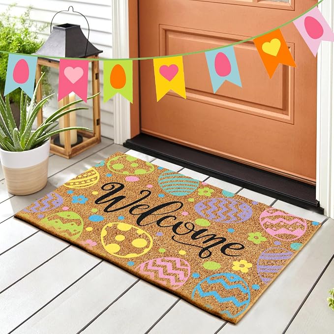 Ceenna Easter Welcome Doormat Outdoor Easter Egg Coir Door Mat Egg Front Door Mat Decor Non Slip Front Porch Rugs for Home Entrance Decoration, 16 x 28 Inch