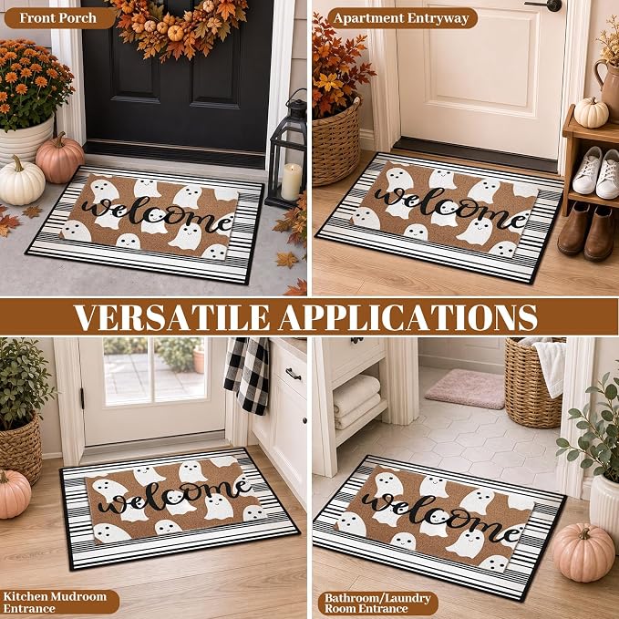 2Pcs Halloween Welcome Ghost Doormats, 16 x 24 in Brown Ghost Door Mat And 24 x 32 in Black White Striped Layering Rug, Fall Porch Decor For Indoor Outdoor Entryway Patio Kitchen Bathroom Floor
