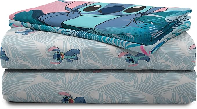 Jay Franco Kids Sheet Set with Fitted, Flat Sheets & Pillow Cover - Ultra-Soft Bedding with Pillowcase for Room Decor, Teal - Lilo & Stitch, 4 Piece Queen
