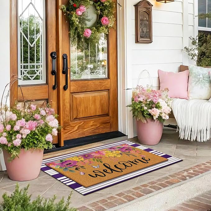 Tinideya 2 Pcs Door Mat Welcome Non Slip Coir Mats Floor Layering Doormats Seasonal for Front Porch Entryway Decor(Purple Flowers)