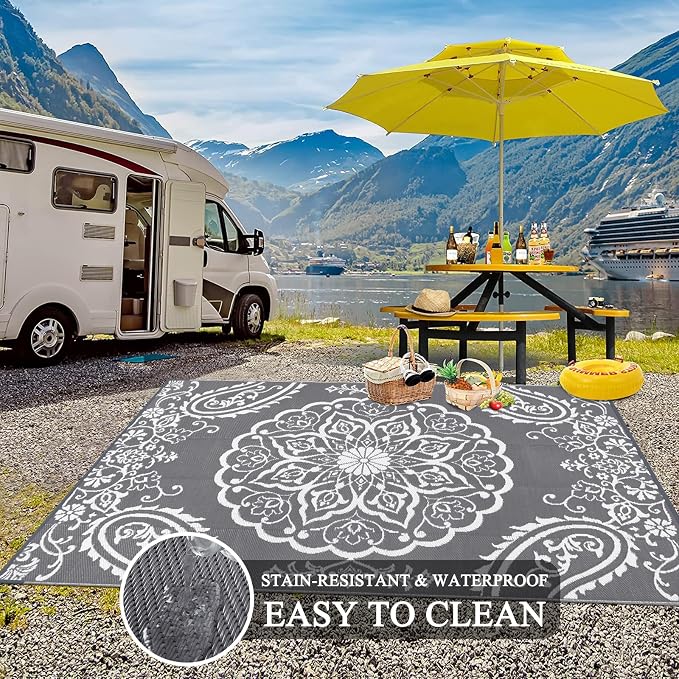 Pauwer Outdoor Rug 6x9, Waterproof Plastic Straw Camping Rug, Boho Grey | Reversible Patio Rug, UV Resistant Indoor Outdoor RV Mat Carpet For Deck, Camper, Porch, Balcony, Backyard, Picnic, Foldable