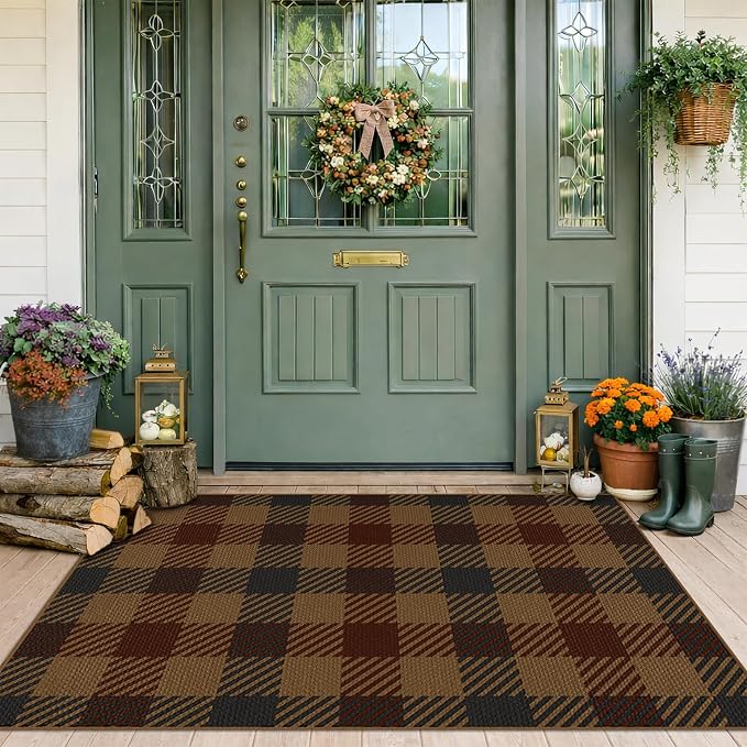 JTJ Brown and Red Front Door Rug Indoor Outdoor Entrance - 2'3" x 3'7" (27.5" x 43") Easy Jute Rugs Outdoor for Patio, Balcony, Kitchen, Mudroom, Washable Earthy Vintage Front Door Decor