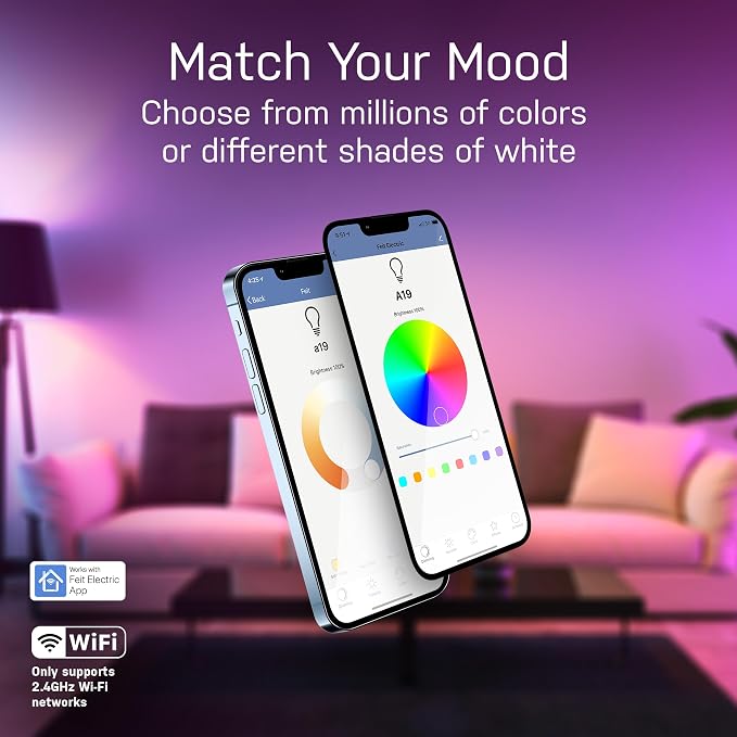 Feit Electric Smart Light Bulbs, A19 RGBW Color Changing - 60W Eq - 6 Pack | Wi-Fi 2.4GHz, Works with Alexa & Google, App Dimmable, E26 800 Lumens, Tunable White 2700-6500K, CRI 90, Wifi LED Lightbulbs