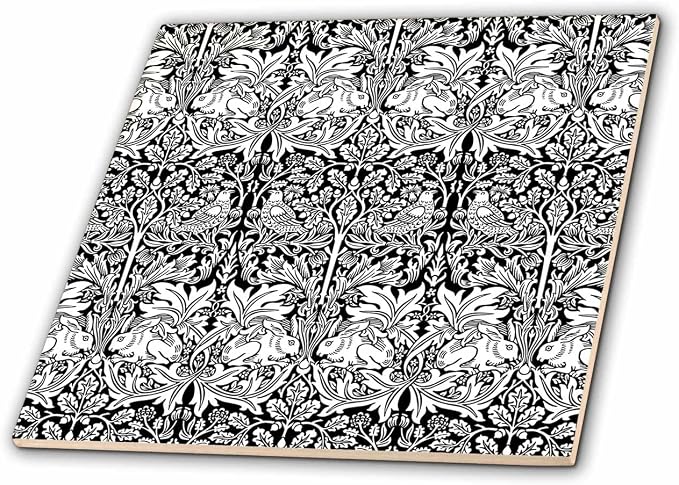 3dRose ct_219398_4 William Morris Brer Rabbit Chintz Pattern in Black and White Ceramic Tile, 12"
