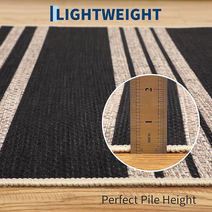 COZYLOOM 9x12 Area Rugs for Living Room Machine Washable Area Rugs Non Slip Striped Easy Jute Carpet Stain Resistant Contemporary Mats for Bedroom, Dining Room, Backyard, Black/White