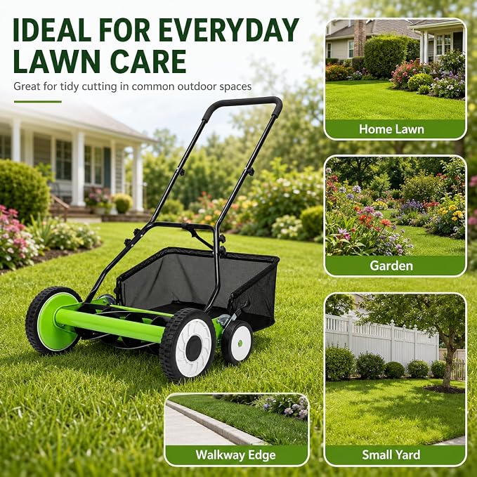 Garvee 4-Wheel Push Lawn Mower Manual Reel Grass Cutter Carbon Steel ABS