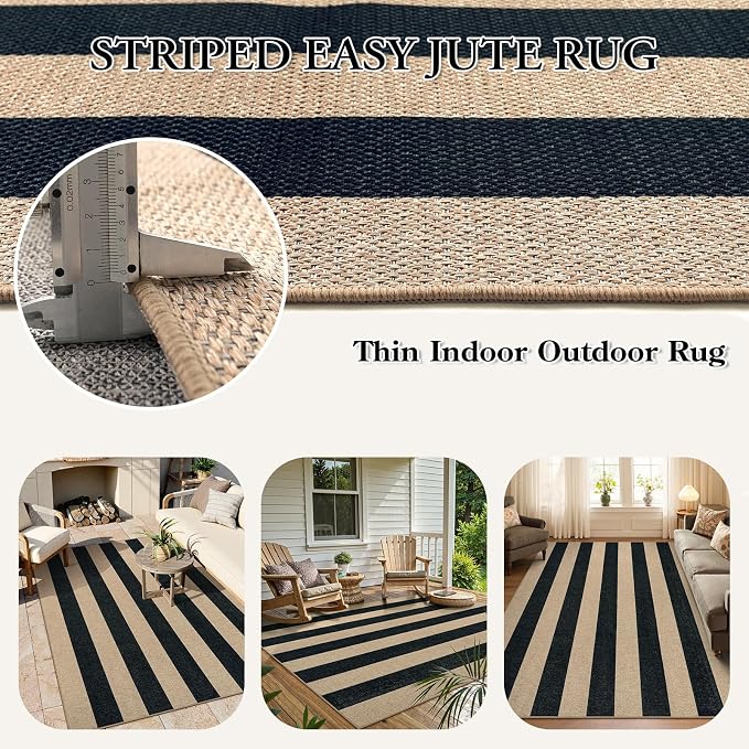 Lahome Striped Easy Jute Outdoor Patio Rug, 5x7 Living Room Washable Rugs | Dining Room Area Rug Black, Modern Farmhouse Neutral Non Slip Non Shedding Carpet for Porch Deck Classroom Entryway Office