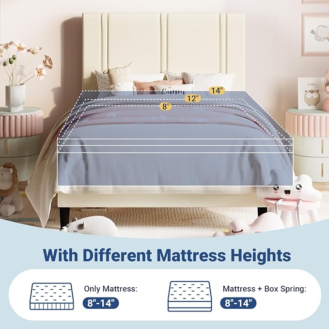 Allewie Twin Size Platform Bed Frame with Adjustable Headboard | Plush Velvet Upholstered, Vertical Channel Tufted, Sturdy Wood Slats, No Box Spring Needed, Easy Assembly, Cream