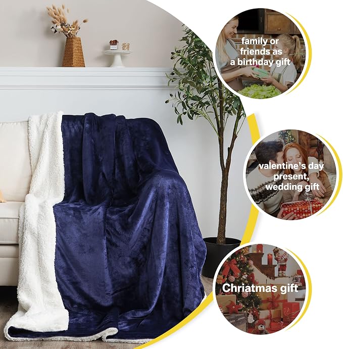NICETOWN Navy Blue Sherpa Blanket, Reversible Fleece Super Soft Fuzzy Flannel Blanket, Velvet Plush Luxurious Thick Warm Puppy Blanket for Home, Couch, Sofa, Bed, 60 x 80 Inches