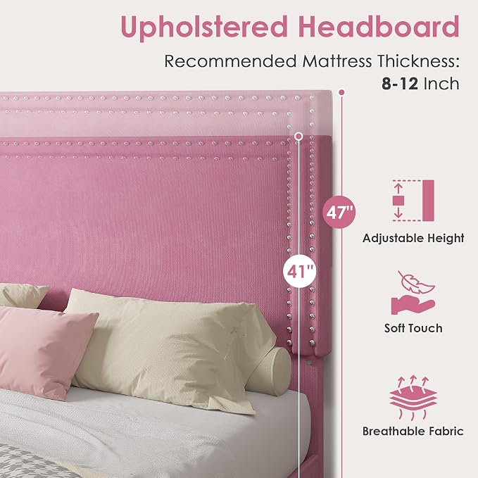 VECELO Twin Size Upholstered Bed Frame with Storage Drawer, Adjustable Velvet Rivet Decor Headboard, Wooden Slats Platform Support, No Box Spring Needed, Easy Assembly,Pink