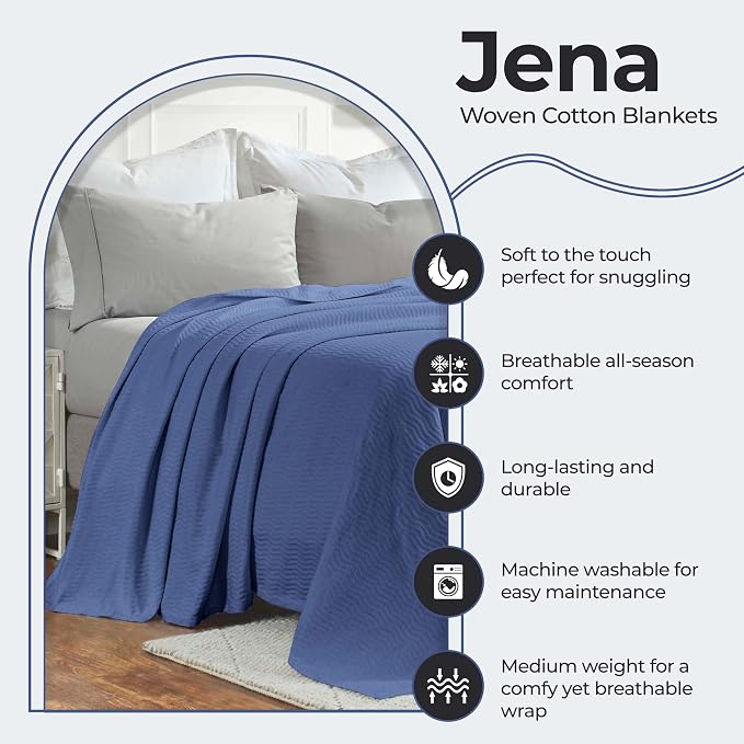 Superior JENA Cotton Blanket, for Picnic, Beach, Traveling or Camping, Bedroom Decor, Essentials, Cover for Bed, Couch, Lounging, Textured Jacquard, Modern Chevron Woven Blanket, Throw, Merritt Blue