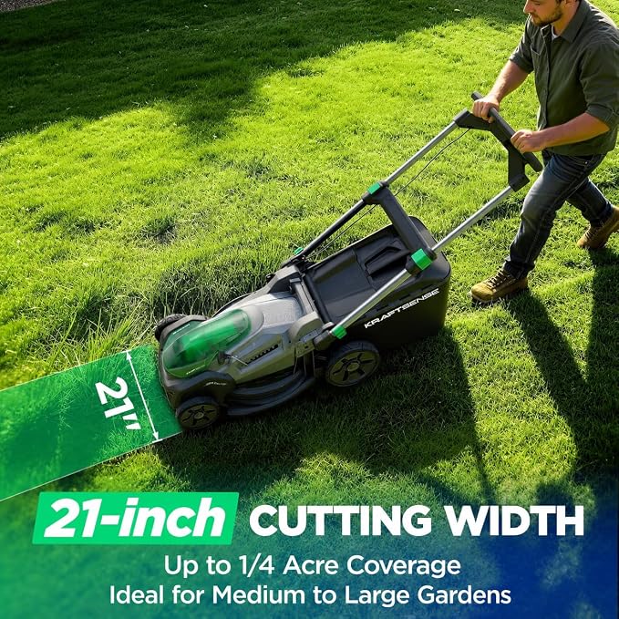 21" 40V Max Brushless Cordless Electric Push Lawn Mower | Includes two 20V Max 8.0Ah batteries and charger; 296Wh total rated energy and 3-in-1 mowing for medium-to-large yards.