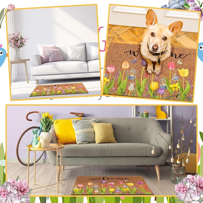 Ceenna Spring Welcome Doormat Outdoor Spring Coir Door Mat Flowers Butterfly Front Door Mat Indoor Non Slip Floral Front Porch Rugs for Home Entrance Decoration, 16 x 28 Inch