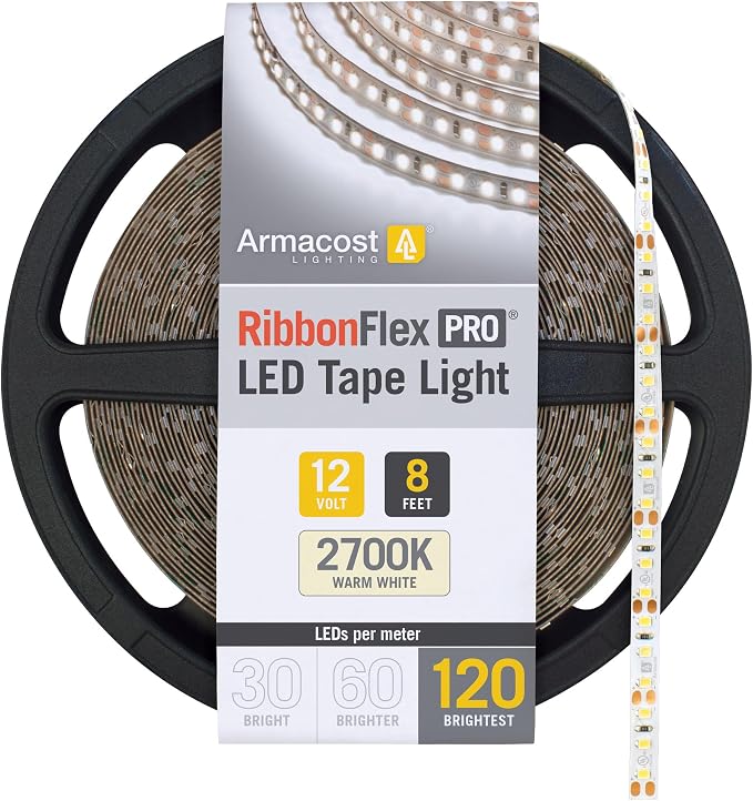 Armacost Lighting RibbonFlex Pro 12V White LED Strip Lights 120 LED/m, 2700K, 8.2 ft, 133210