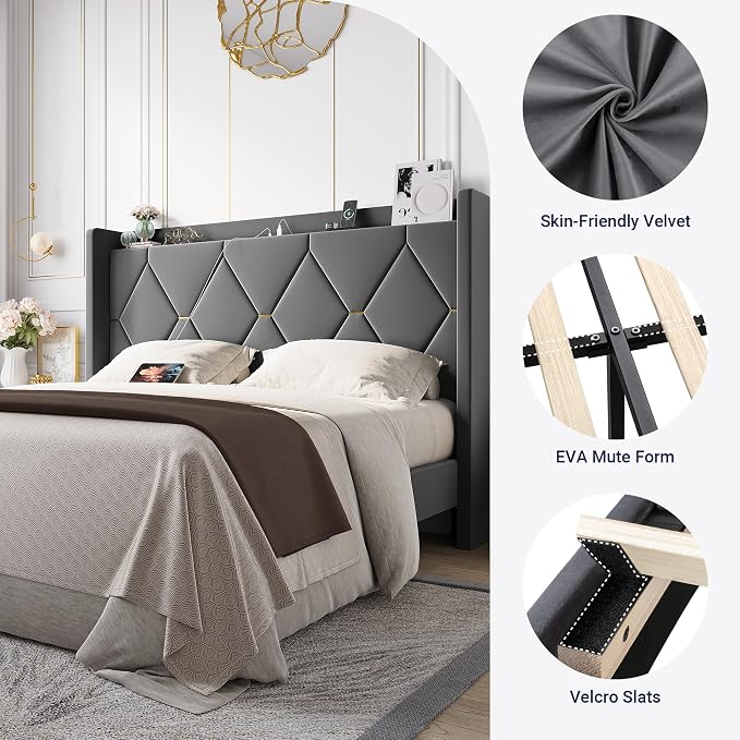 Allewie Full Size Bed Frame with Storage Headboard & Charging Station | Diamond Tufted Design & Gold Trim, Velvet Upholstered Platform Bed, No Box Spring Needed, Easy Assembly, Noise-Free, Grey