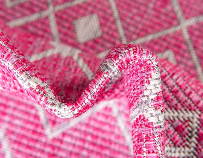 Unique Loom Outdoor Trellis Collection Area Rug - Tribal Trellis (2' x 6' 1" Runner, Fuschia/ Gray)