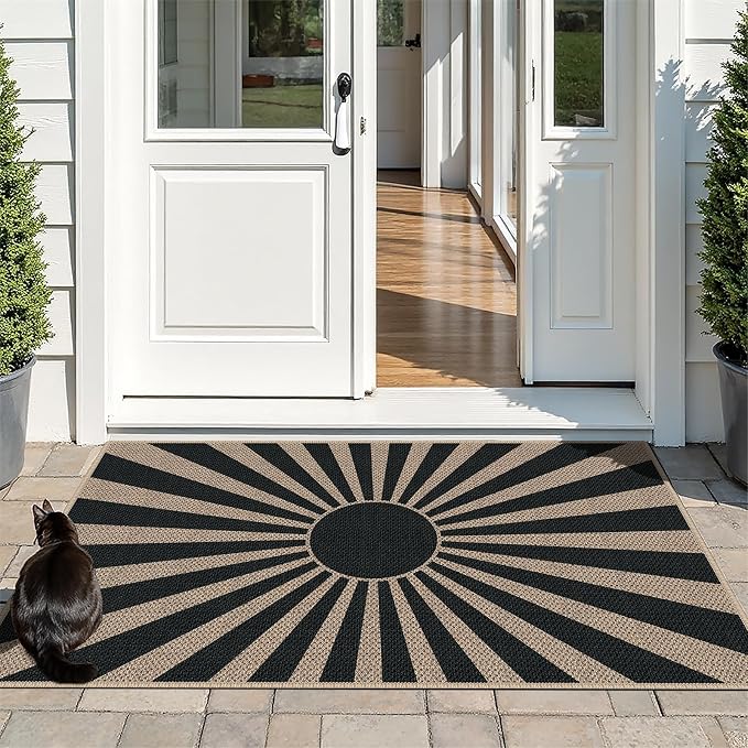 Easy Jute 3x5 Black Sun Area Rug,Washable Entryway Rug, Modern Boho Door Carpet,Neutral Non-Slip Outdoor Indoor Farmhouse Rug for Living Room Kitchen Patio Bedroom