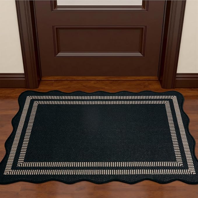 EDIMENS Easy Jute Rug Entryway Rug, 2x3 Front Door Mat Small Entryway Non-Slip Washable Area Rug, Low Pile Black Indoor Outdoor Farmhouse Scalloped Doormat for Entrance Entry Porch Doorway