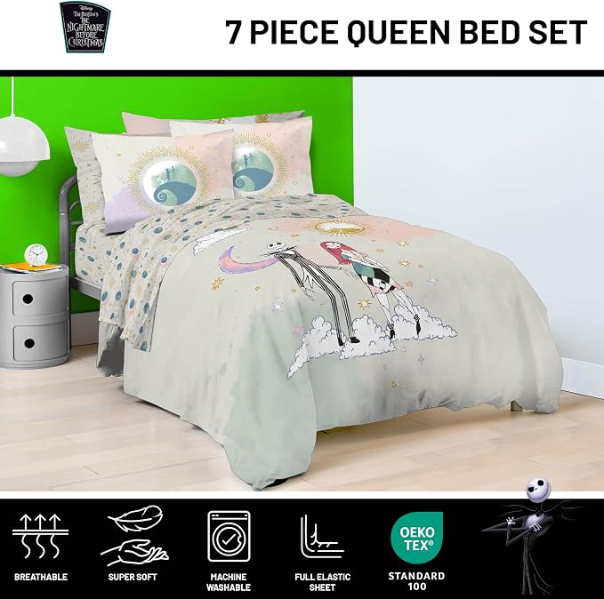 Disney Nightmare Before Christmas Queen Comforter Set 7 Piece, Multi | Jack Skellington Sally, Bed in a Bag, Comforter Sheets Shams Pillowcases, Soft Microfiber, Machine Washable, Girls Gift