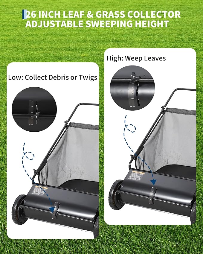 Heavy-Duty 26-Inch Hand-Push Lawn Sweeper with 7 Cu.ft. Collection Bag & Adjustable Brush Reel - Ideal for Picking Up Grass, Leaves, and Yard Debris on Any Terrain